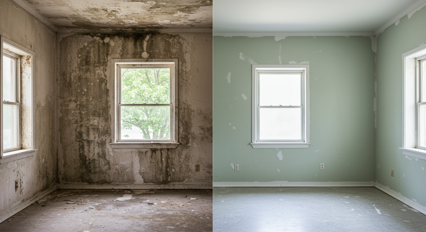 A split image showing a before-and-after view of a room. The 'before' side has mold-covered walls and dampness, while the 'after' side shows clean, restored walls with a fresh coat of paint.