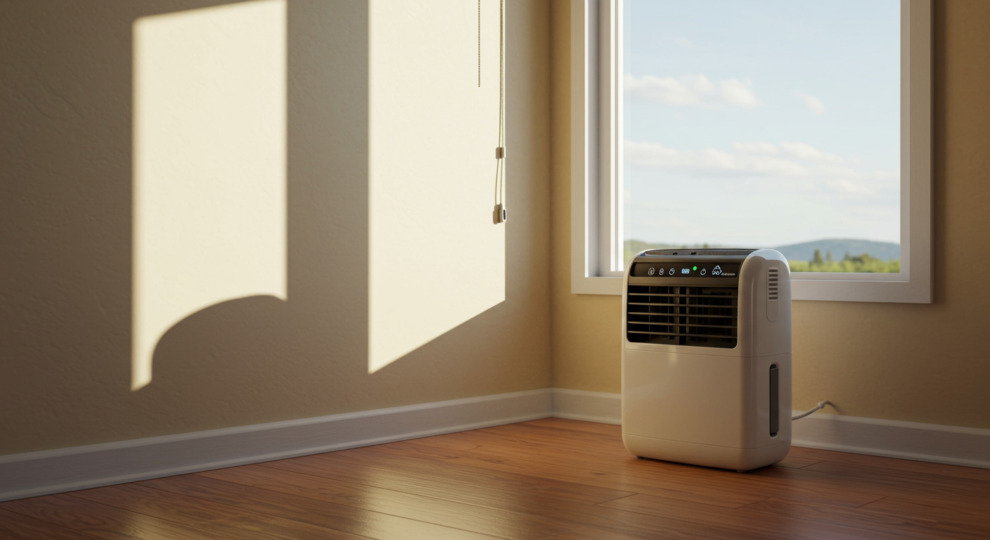An image of a well-ventilated home, showcasing an open window with sunlight streaming in, a dehumidifier running in the corner, and a clean, dry environment.