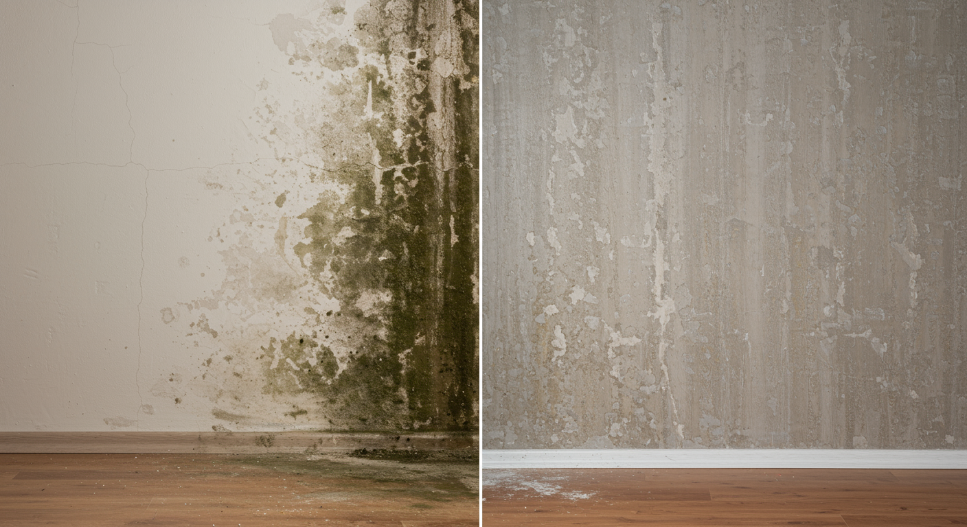 A split image showing a mold-infested wall on one side and the same wall restored to a clean and mold-free state on the other.