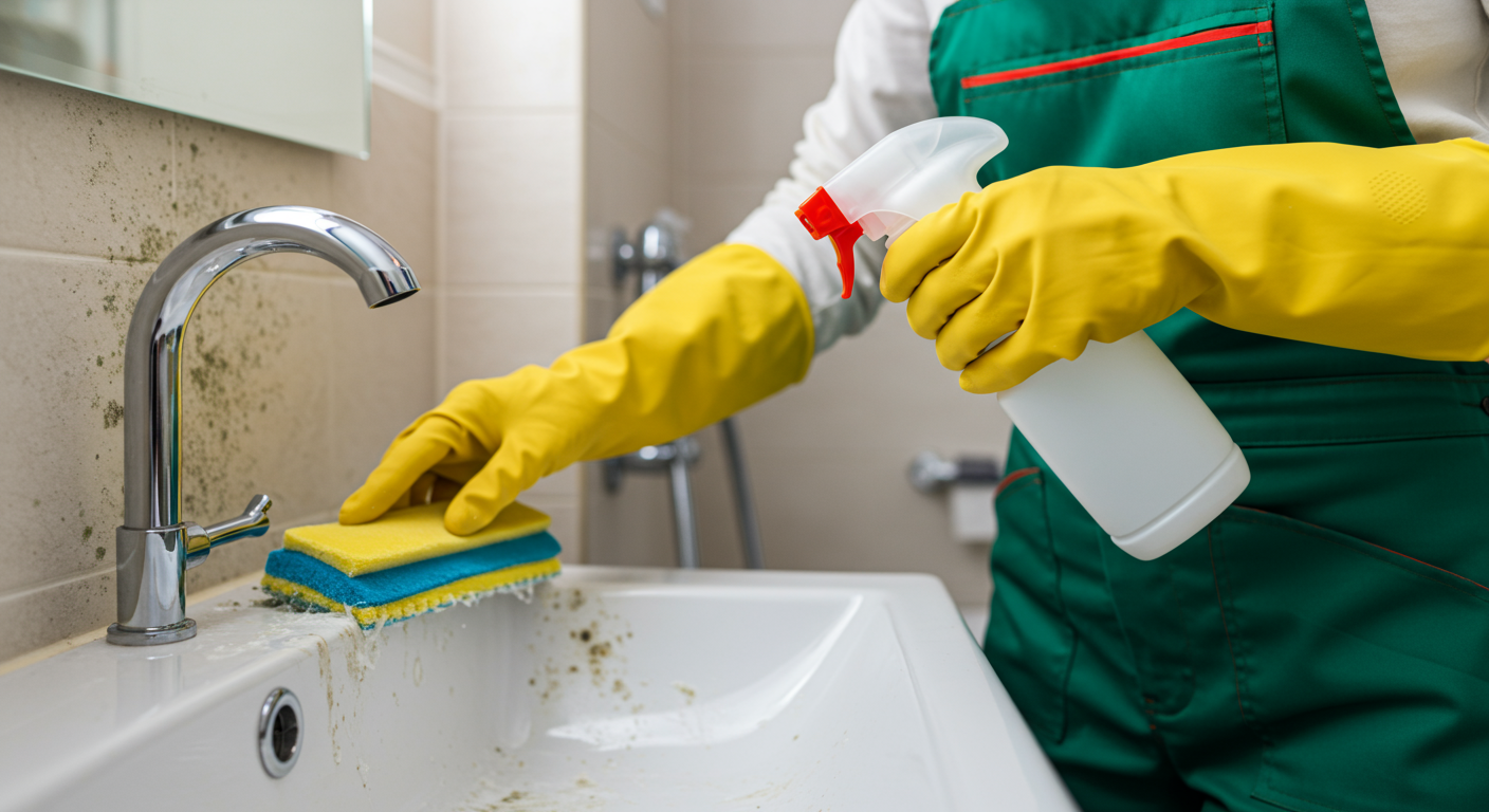 A technician using eco-friendly cleaning solutions to remove mold from a bathroom surface. The setting is bright and clean, with natural light streaming in, showcasing the use of green products.