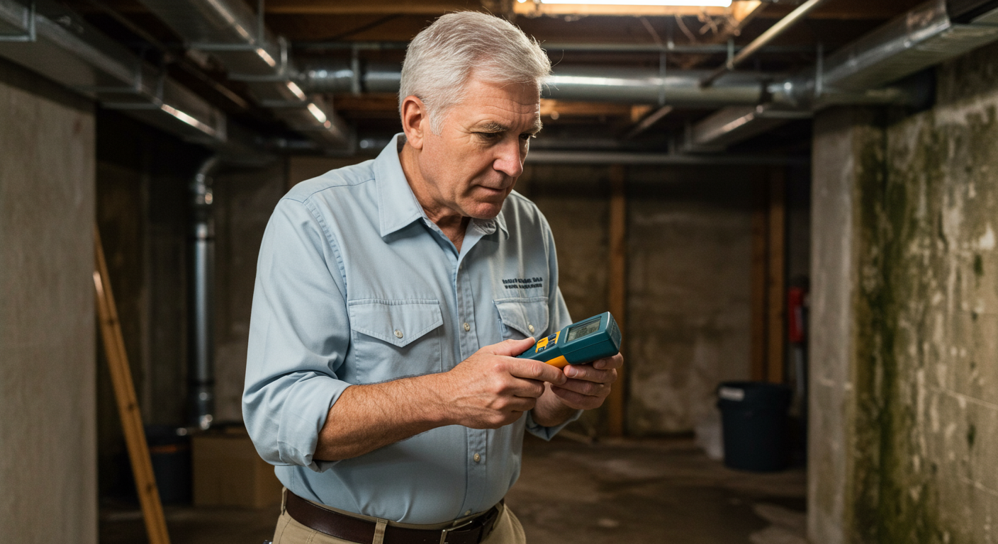 A professional mold inspector examining a damp basement area with a moisture meter, showcasing the importance of thorough inspections.