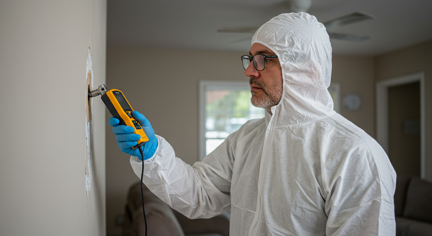 A professional mold inspector using a moisture meter to assess wall conditions in a residential living room.