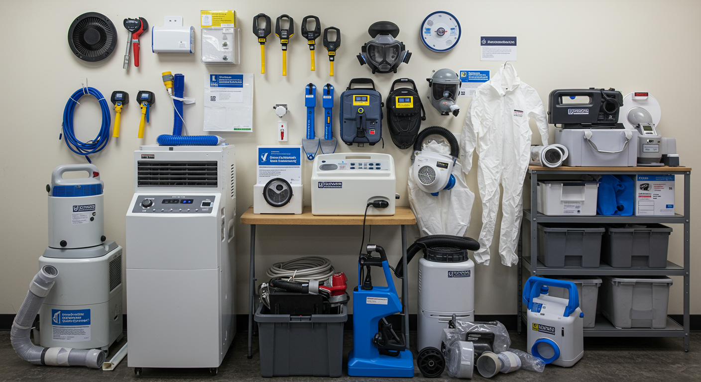 An organized display of mold remediation tools and equipment, such as air scrubbers, dehumidifiers, and protective gear.
