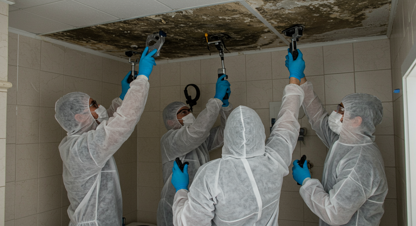 A team of certified mold remediation specialists in protective gear actively removing mold from a bathroom ceiling.