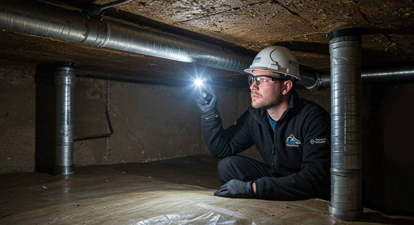 A professional technician inspecting a crawl space with a bright flashlight, highlighting the clean and encapsulated environment.