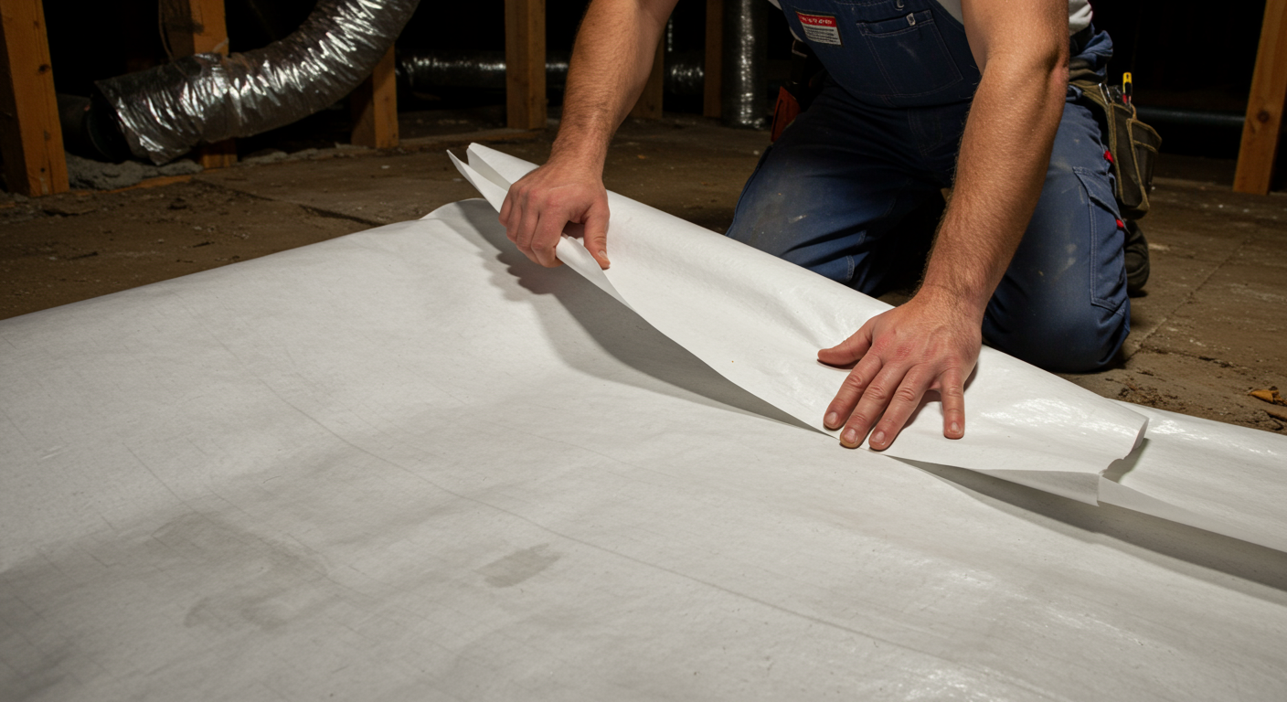 A close-up shot of a technician installing a vapor barrier in a crawl space, demonstrating the encapsulation process.