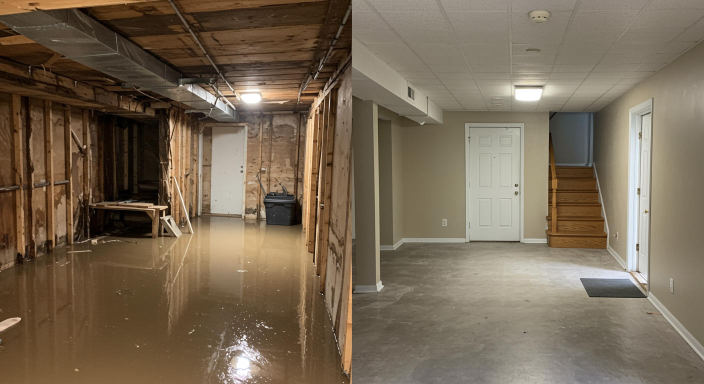A before-and-after comparison of a flooded basement in Johns Creek, GA. The left side shows standing water and damage, while the right side shows a fully restored, clean, and dry basement.