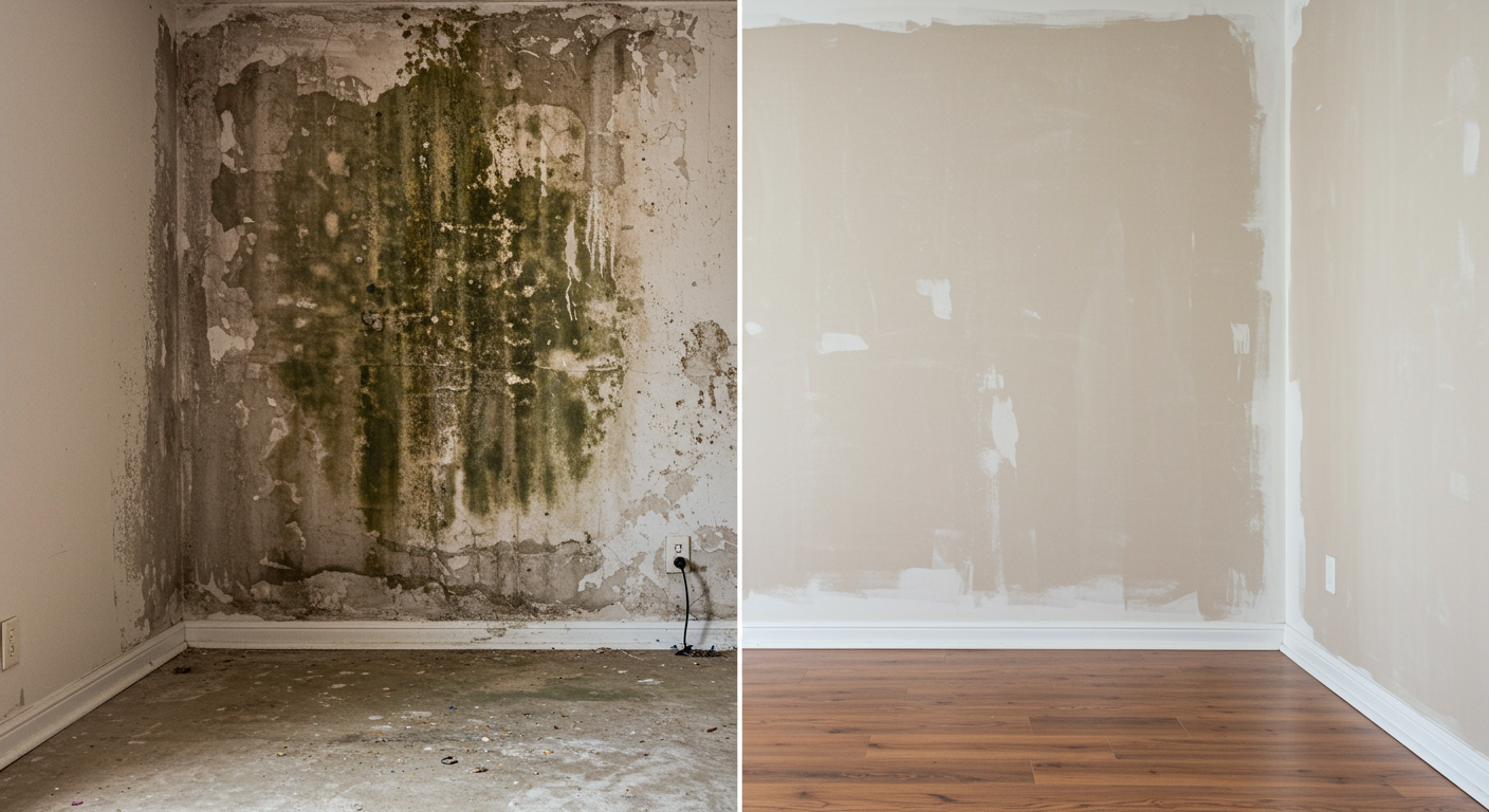 A before-and-after split image showing a mold-infested wall on one side and the same wall after professional remediation on the other. The 'after' side is clean, freshly painted, and mold-free.