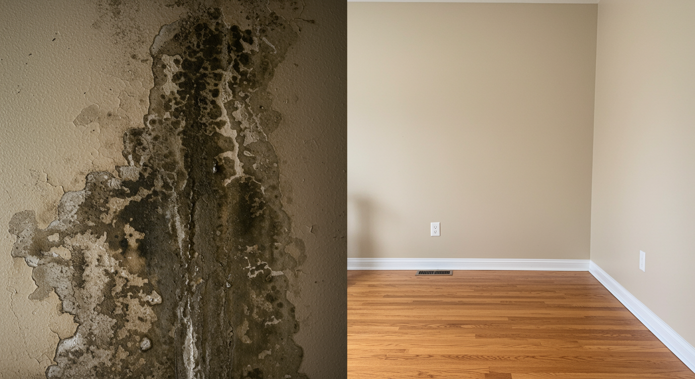 A split-screen image showing a before-and-after scenario of a mold-infested wall. The left side shows dark mold patches and water damage, while the right side displays a clean, freshly restored wall. The setting is a typical Marietta home.