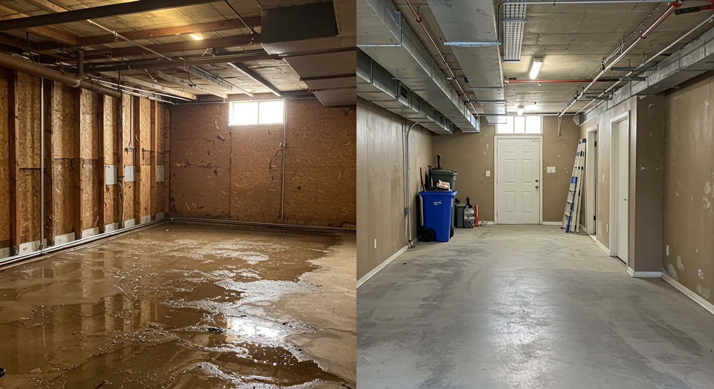 A split image showing a water-damaged basement on one side and the same basement fully restored on the other. The restored side is clean, dry, and organized, highlighting the transformation.