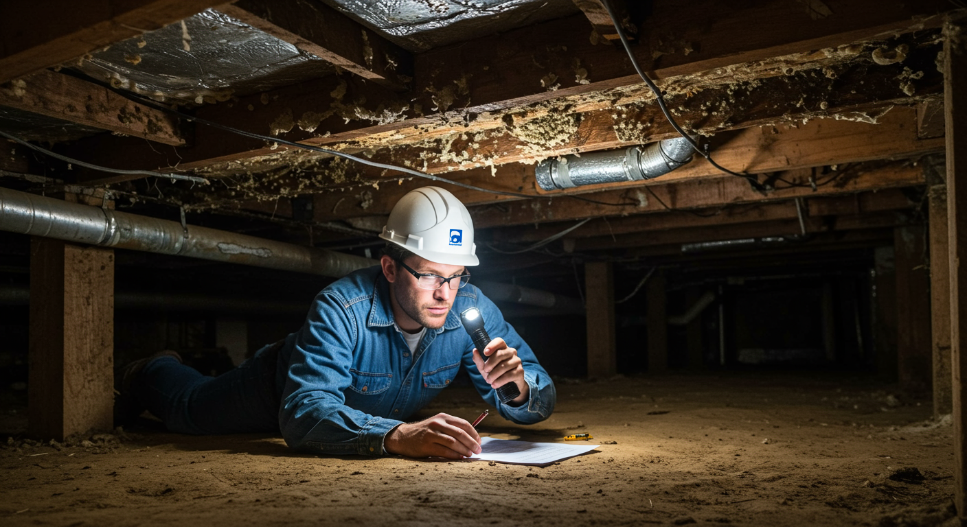 A professional inspector crawling under a house in Roswell, GA, using a flashlight to inspect for mold growth. The crawl space is dimly lit, with visible mold patches on wooden beams and pipes.
