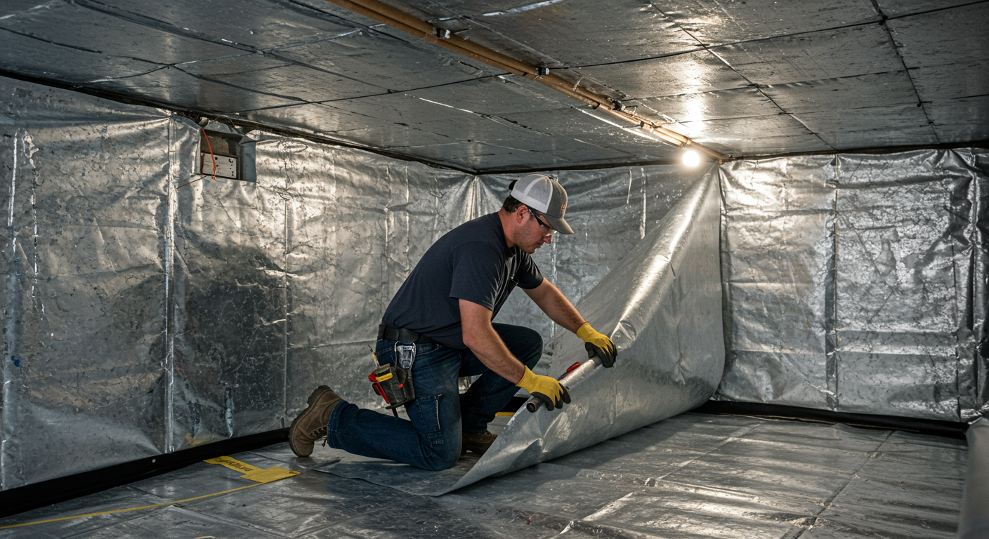 Professional technician installing a vapor barrier in a crawl space