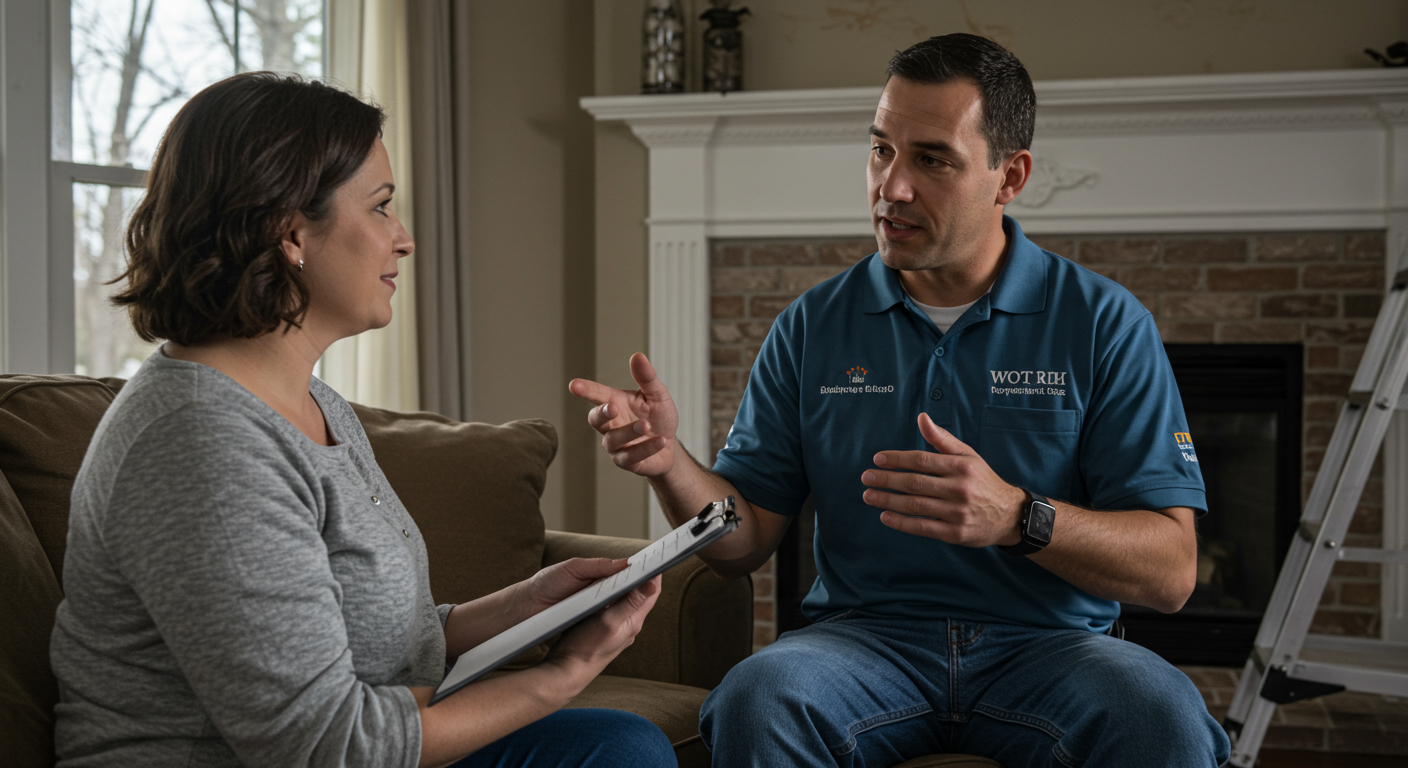 A friendly water restoration technician speaking with a homeowner in Marietta, GA. The technician is holding a clipboard and explaining the restoration process, while the homeowner looks reassured. The setting is a cozy living room with visible water damage being addressed in the background.