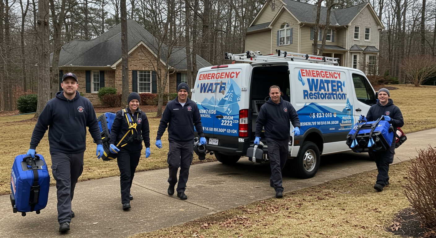 A team of water restoration experts arriving at a suburban home in Johns Creek, GA. The team is unloading equipment from a branded van with 'Emergency Water Restoration' written on it.