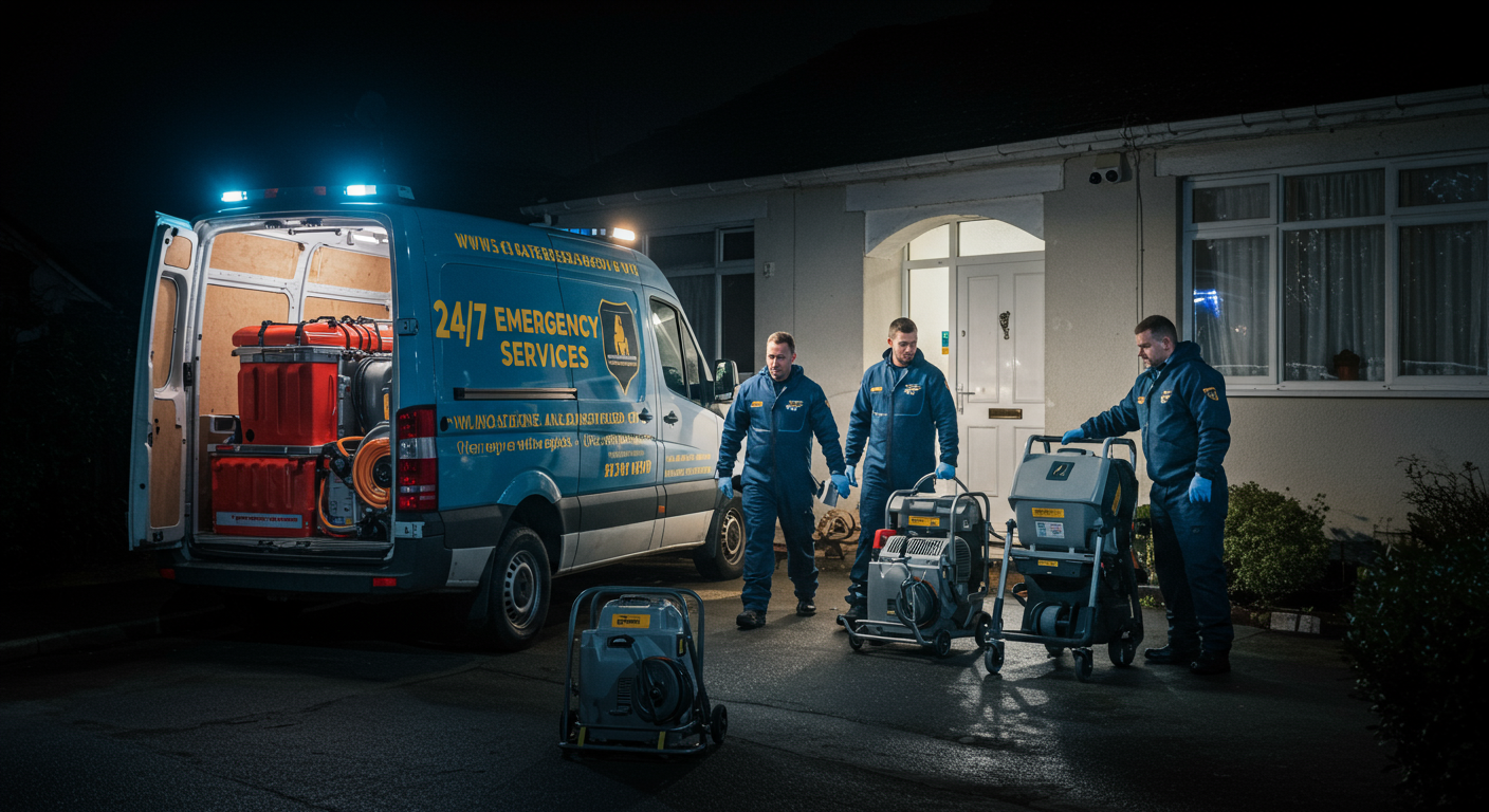 A team of water restoration professionals arriving at a residential property at night. The scene includes a branded van with '24/7 Emergency Services' visible, and the team is unloading equipment like pumps and drying machines. The property has visible water damage near the entrance.