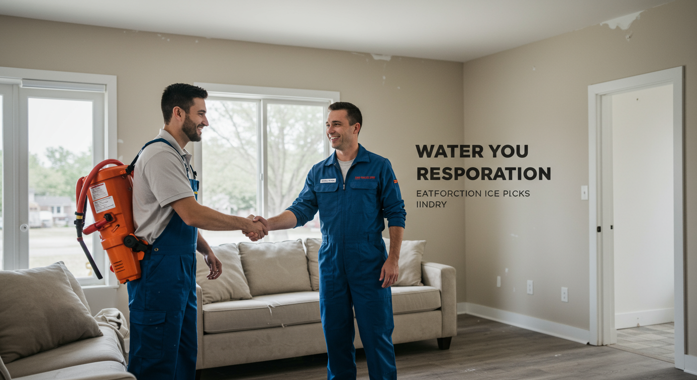 A smiling homeowner shaking hands with a water restoration technician in a fully restored living room. The room looks clean and inviting, with no signs of damage.