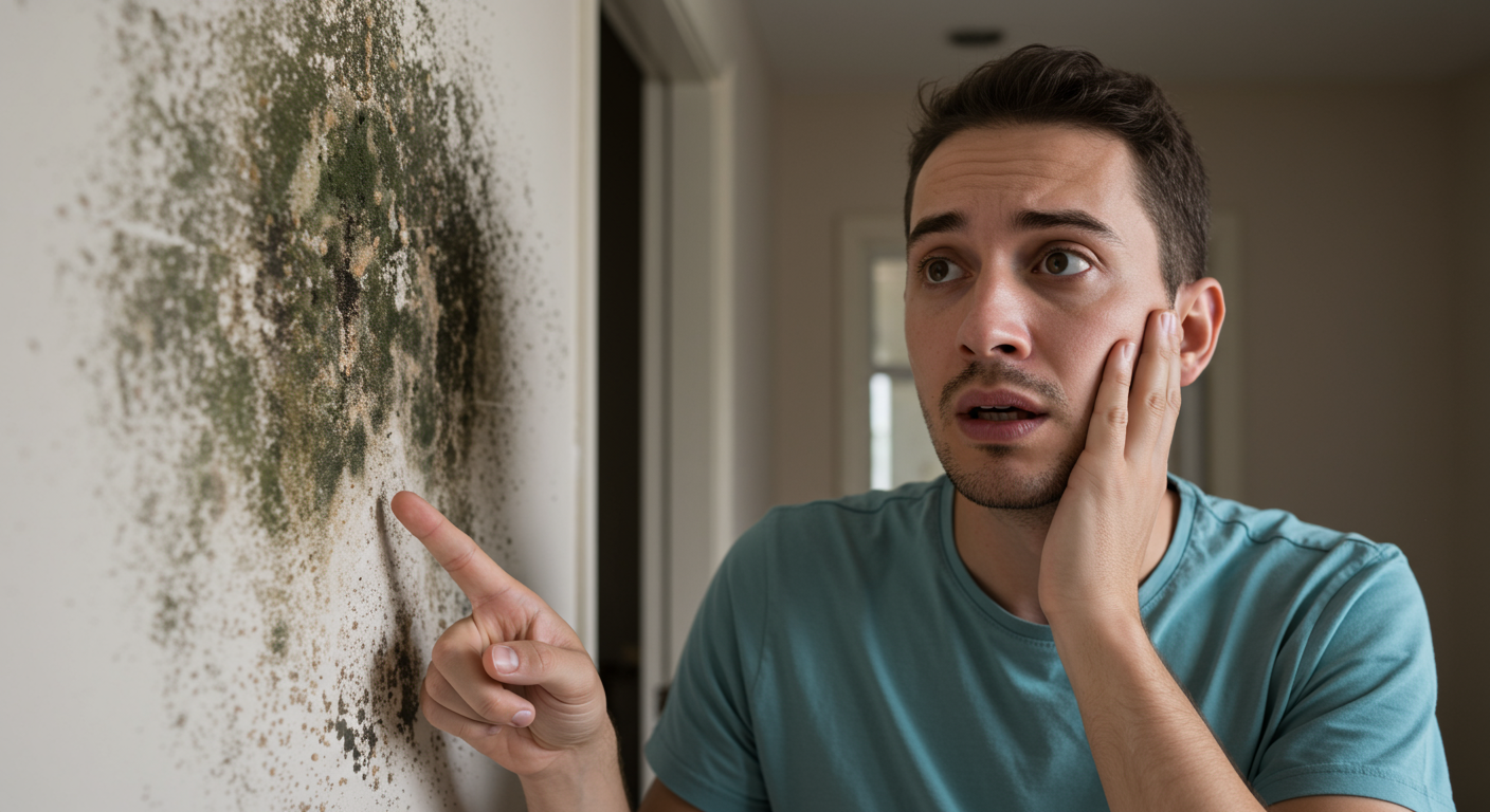 A concerned homeowner inspecting a mold-affected area in their home. The individual is pointing at the black mold patches on the wall, with a worried expression, emphasizing the urgency of addressing mold issues.