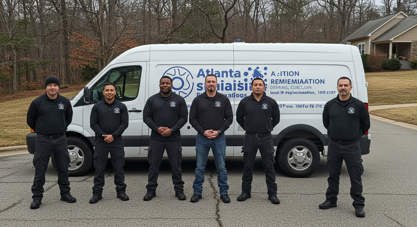 A team of mold remediation experts standing in front of a van with 'Atlanta Mold Specialists' written on it. The background includes a suburban Atlanta neighborhood, showcasing local expertise and trustworthiness.