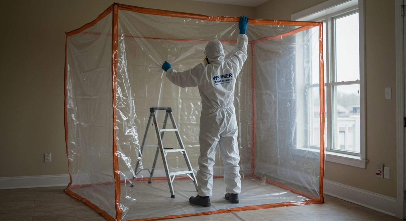 A professional technician setting up plastic containment barriers in a room to prevent mold spores from spreading.