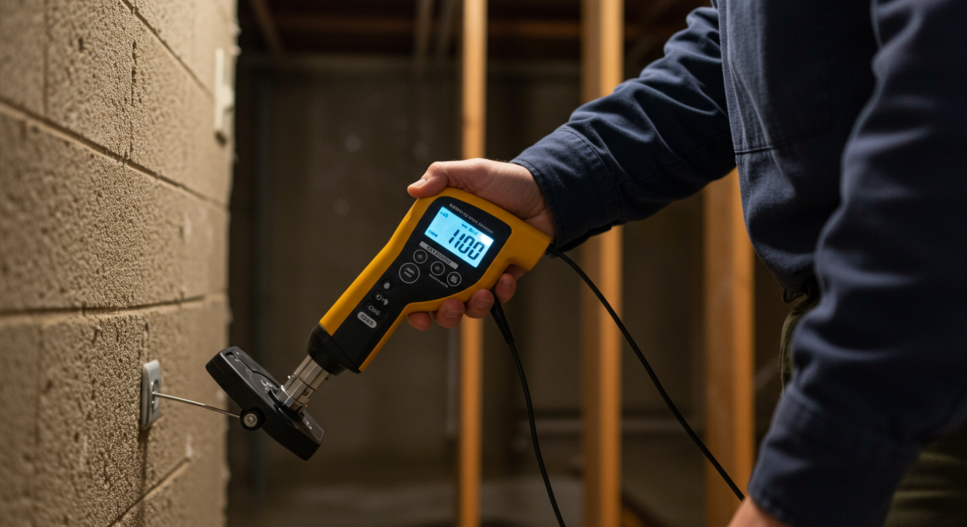 A mold inspection process in progress, with a technician using a moisture meter to detect hidden mold in a home's basement.