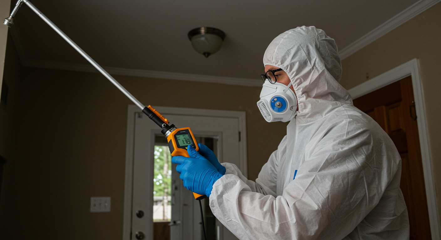A certified mold inspector using advanced equipment like a moisture meter or thermal imaging camera to detect mold in a residential home in Johns Creek, GA.