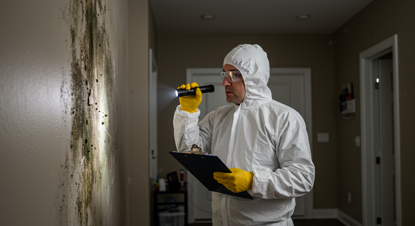 A professional mold inspector in protective gear examining a wall with visible mold growth inside a modern Alpharetta home.