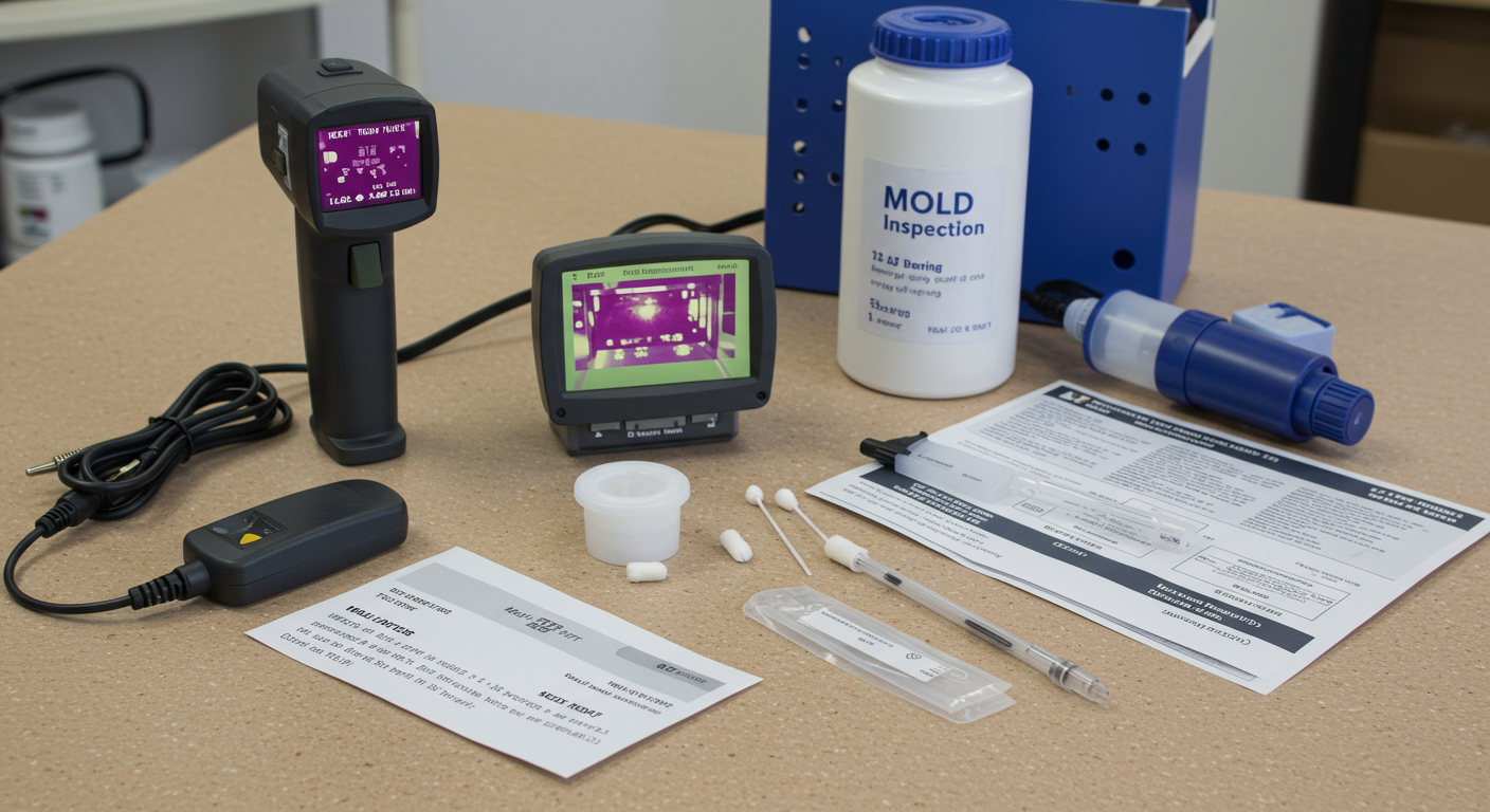 A visual representation of the mold inspection process, showing tools like an infrared camera, air sampling pump, and swab test kit laid out on a table.