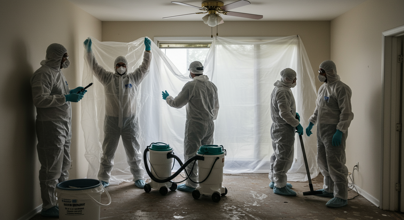 A team of professionals setting up containment barriers with plastic sheeting and using specialized equipment like HEPA vacuums to clean a mold-infested area.