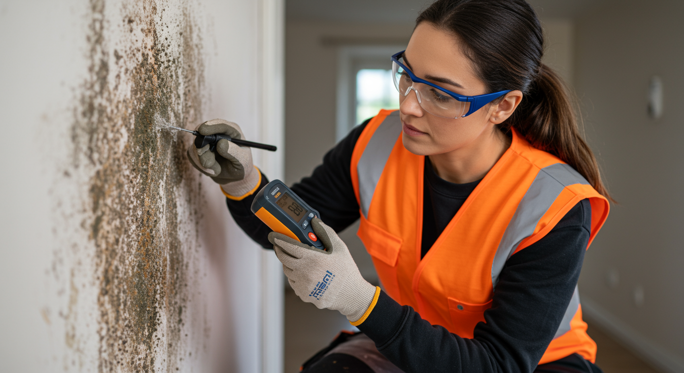 A close-up of a professional wearing protective gear inspecting a wall with a moisture meter, with visible mold patches being treated.