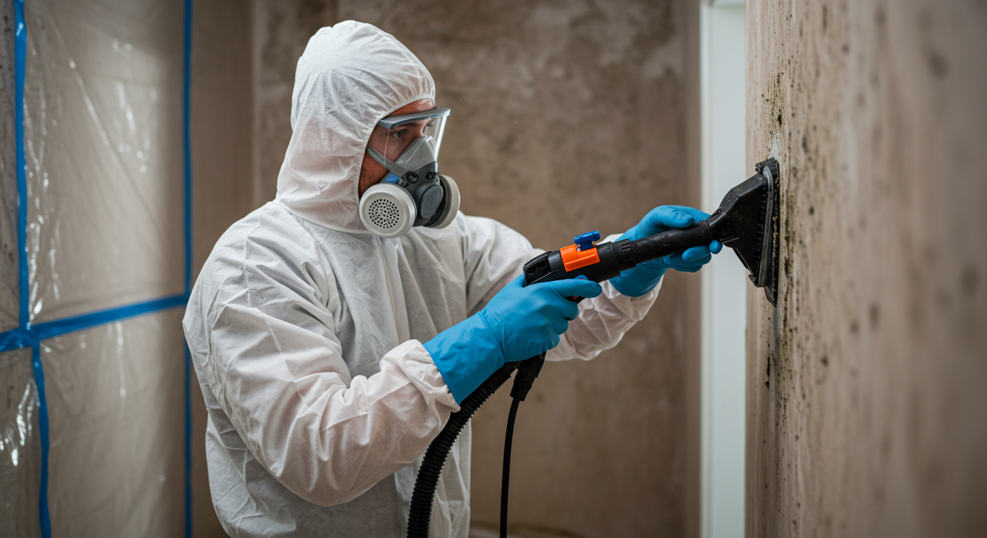 A professional mold remediation specialist wearing protective gear using specialized equipment to remove mold from a wall.