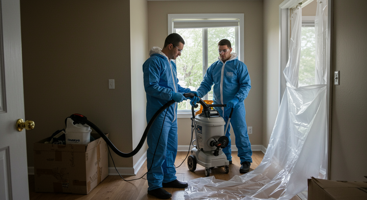 A team of certified mold remediation professionals working together in a home. One person is using a vacuum-like mold removal machine, while another is sealing off a contaminated area with plastic sheeting.