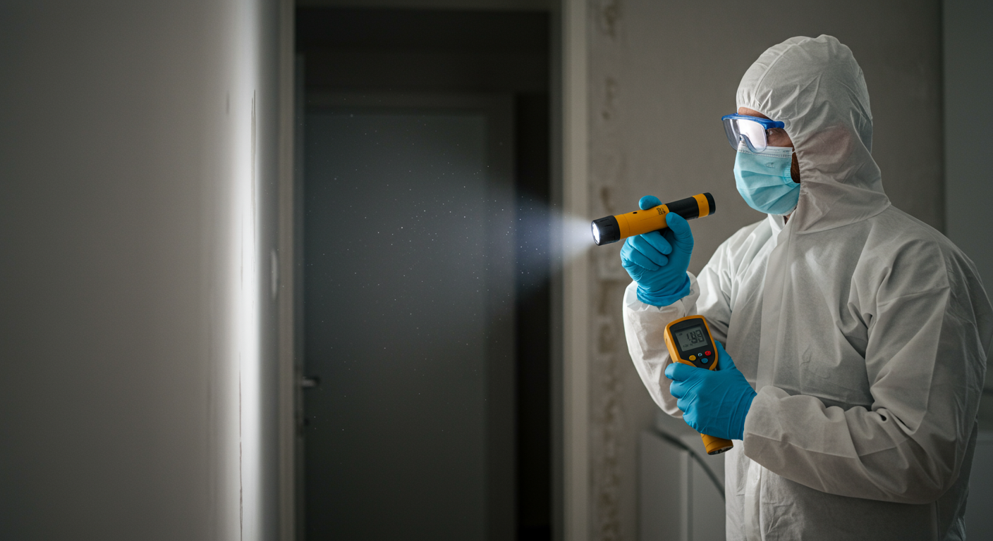 A close-up of a technician wearing gloves and a mask, carefully scraping mold from a wall.