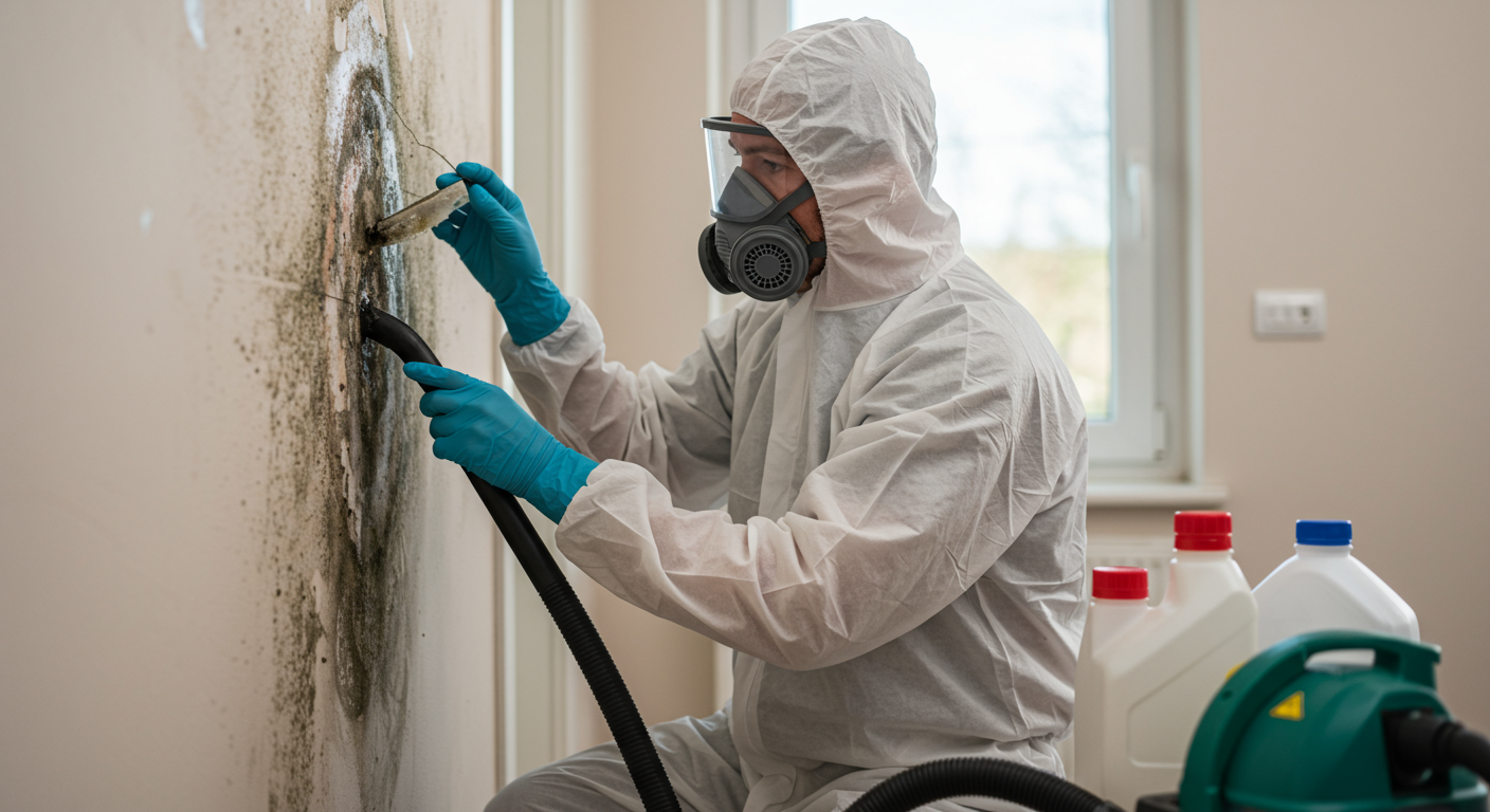 A professional mold remediation expert wearing protective gear carefully removing black mold from a wall in a residential home.