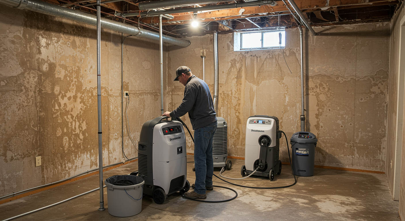 A technician setting up industrial dehumidifiers and air movers in a basement with visible water stains on the walls.