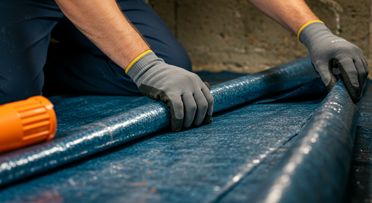 A close-up image of a technician installing a vapor barrier in a crawl space. The focus is on the hands at work, the material being applied, and the clean, dry environment being created, conveying professionalism and expertise.