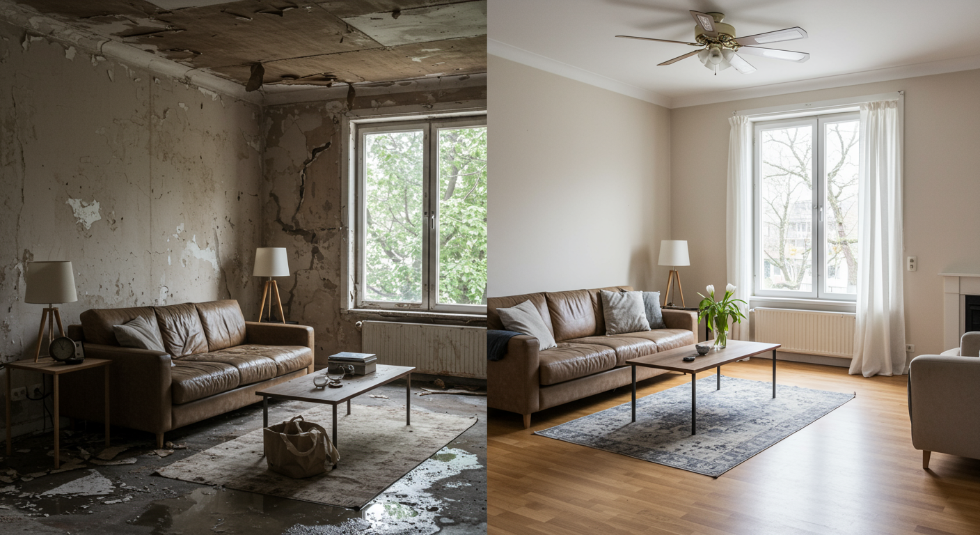 A before-and-after comparison of a living room affected by water damage, with the left side showing the damage and the right side showcasing the restored space, beautifully furnished and dry.