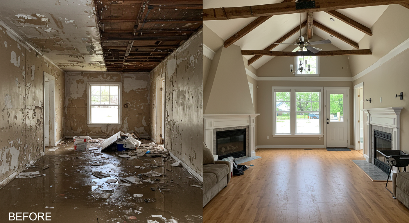 A split image showing a home before restoration (flooded and damaged) and after restoration (clean and restored). This highlights the transformation.