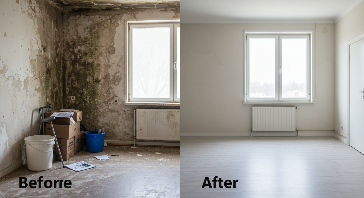 A split image showing a room before and after mold cleaning. The left side displays visible mold and clutter, while the right side shows a clean, bright, and inviting space, highlighting the transformation.