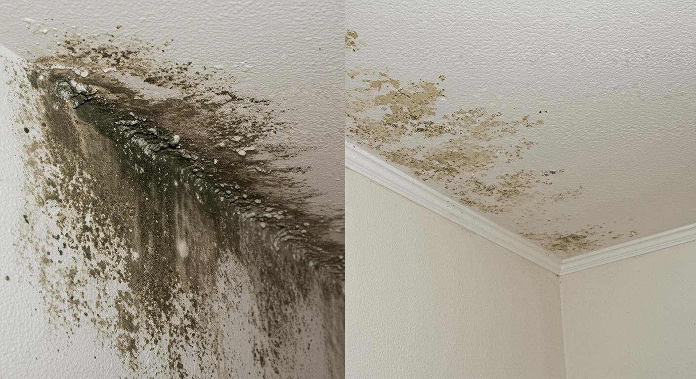 A split image showing a mold-infested area before remediation and the same area after successful mold removal.