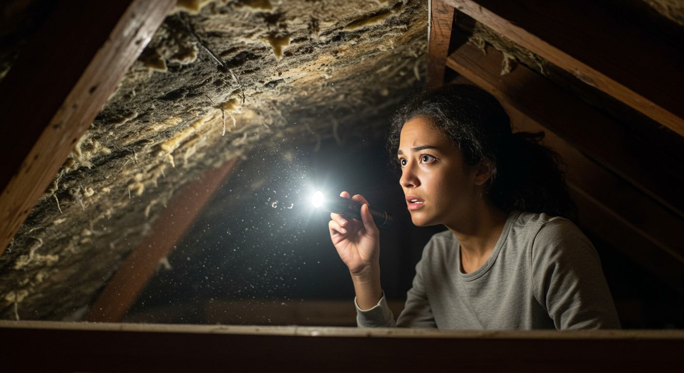 A homeowner inspecting their attic with a flashlight, looking concerned as they notice signs of mold on the insulation.