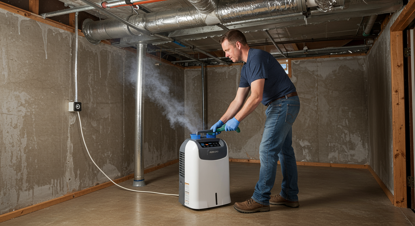 A homeowner actively using a dehumidifier in a basement, with visible moisture on the walls. The image captures the action of preventing mold growth, showcasing a proactive approach.