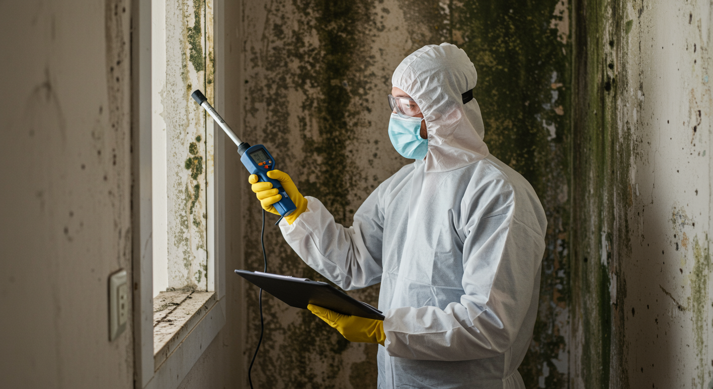 A professional mold removal technician in protective gear inspecting a home’s interior, focusing on a mold-affected area on the wall.
