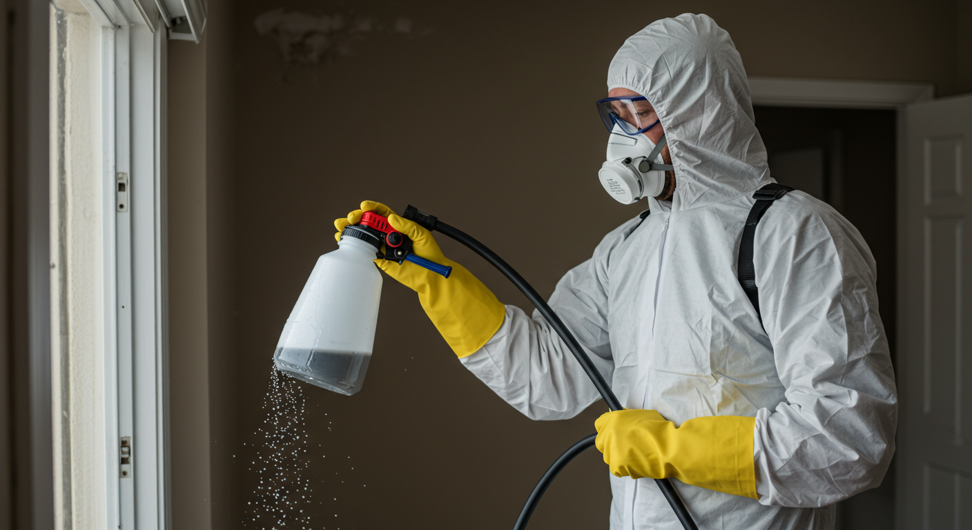 A professional mold remediation technician in protective gear, applying a mold removal solution to affected areas in a home.