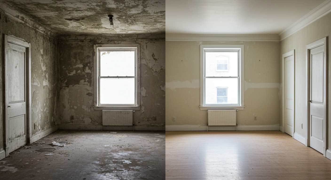 A before-and-after comparison of a mold-infested room transformed into a clean, restored space, showcasing the effectiveness of mold remediation.