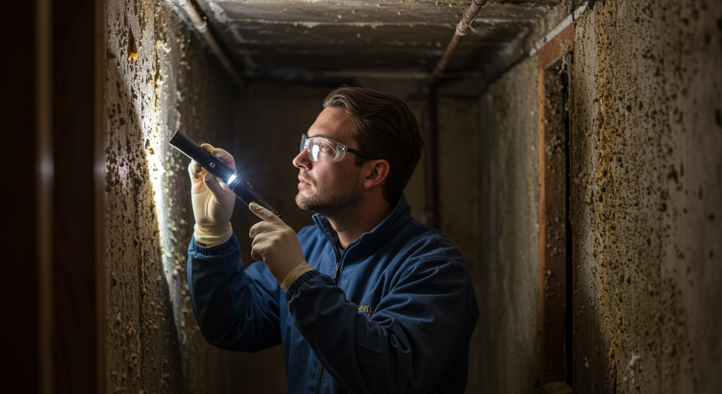 A technician in a basement setting, inspecting walls for mold growth with a flashlight. The image captures the technician's focused expression, highlighting the thoroughness of the mold inspection process.