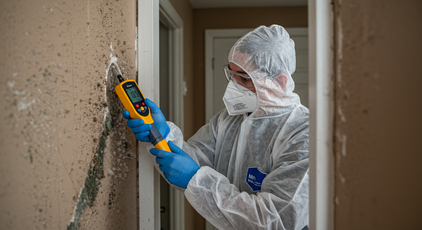 A certified mold remediation professional examining a home’s interior with a moisture meter, highlighting areas affected by mold. The technician is wearing protective gear, emphasizing safety.