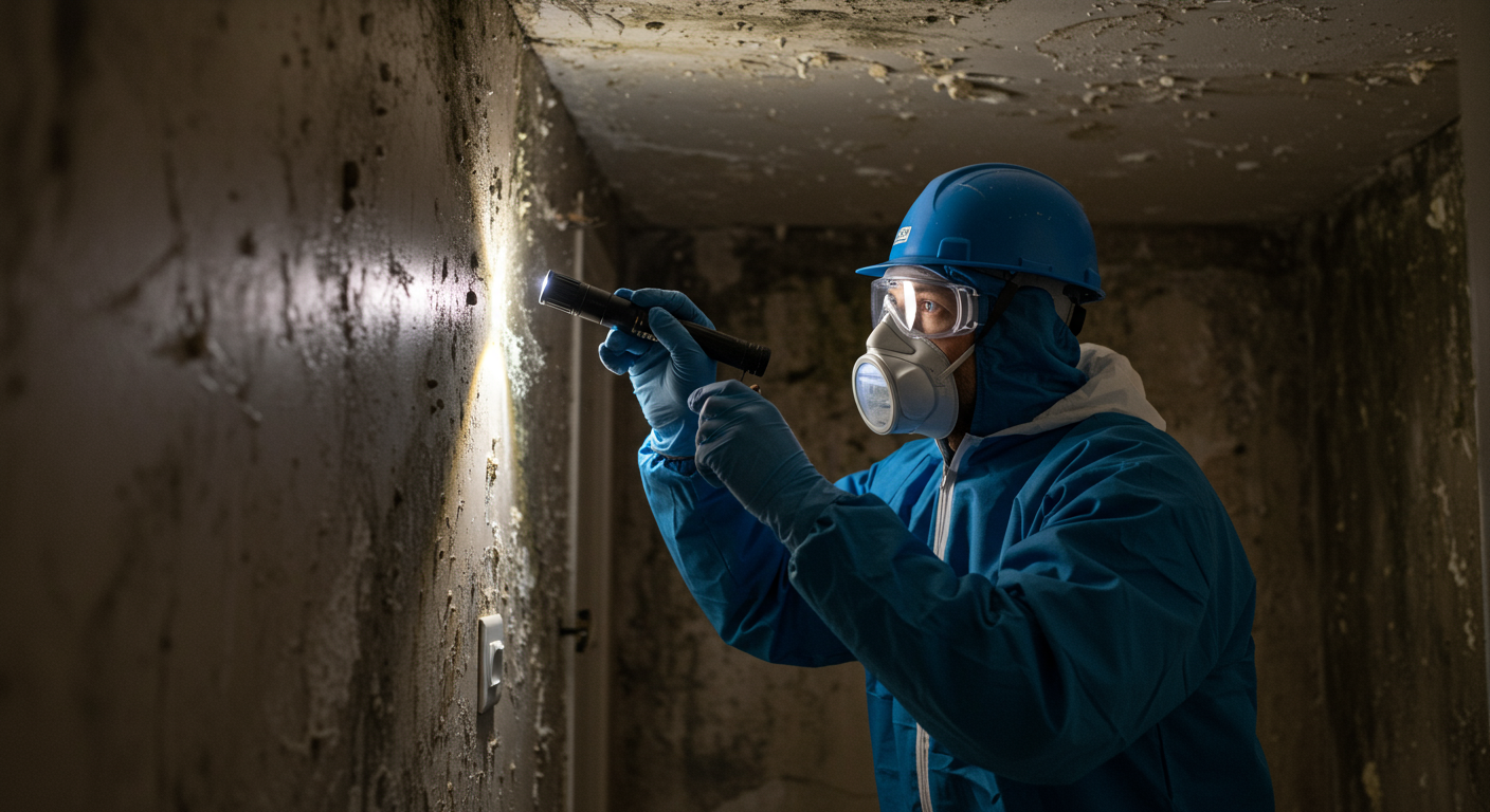 A professional mold inspector examining a home’s interior, using a flashlight to inspect dark corners and walls for mold growth. The inspector is wearing protective gear, emphasizing safety.
