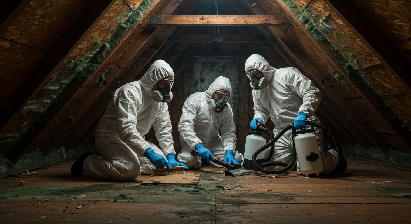 A professional mold remediation team in protective gear working to remove mold from an attic, highlighting the remediation process.