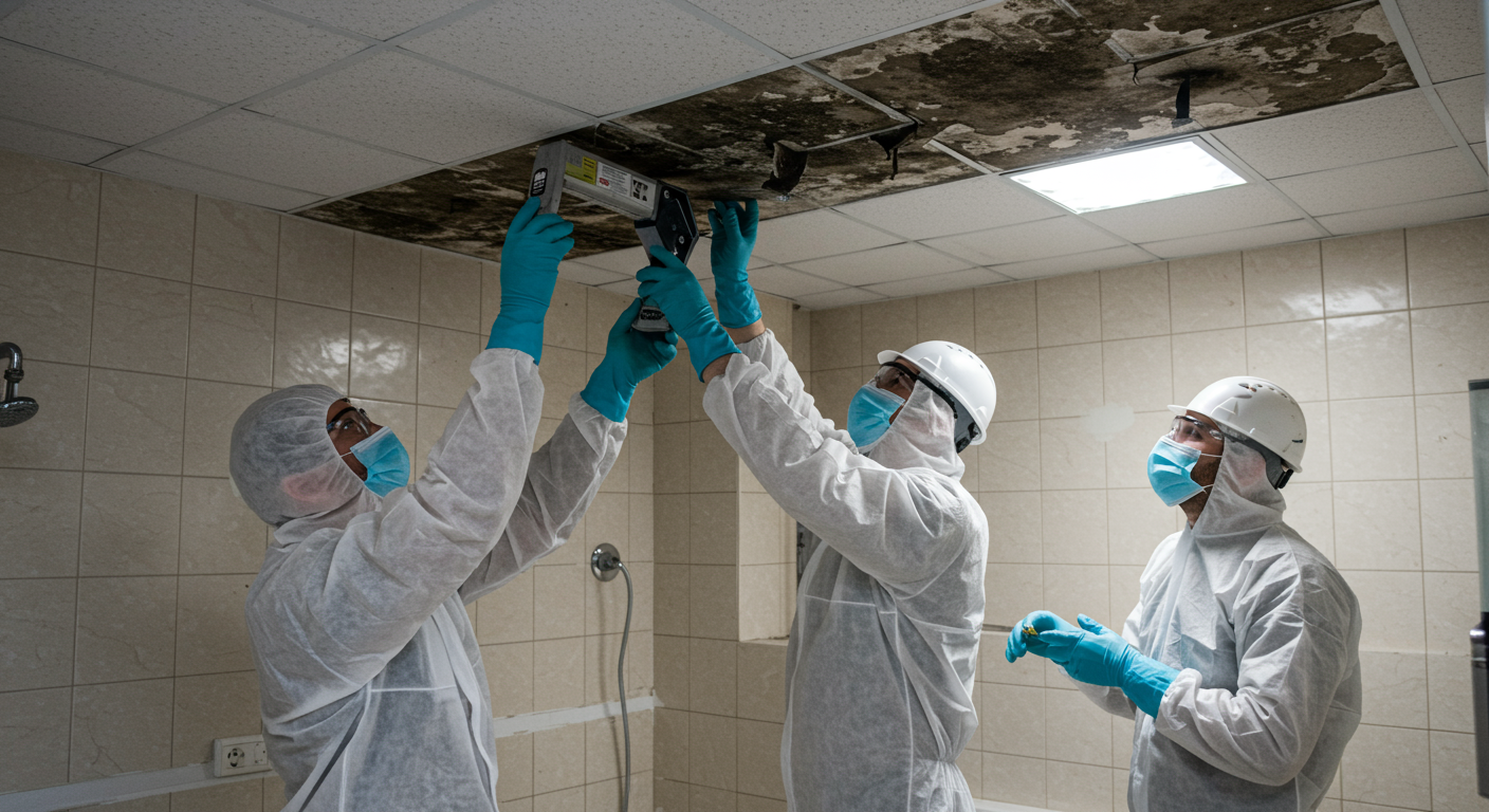 A professional mold remediation team in protective gear, actively removing black mold from a bathroom ceiling.