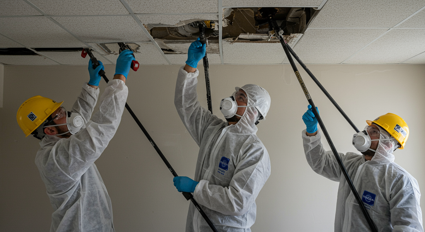 A team of professional mold remediation specialists working on a ceiling, using advanced equipment and safety gear.